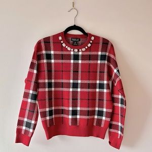 Rachel Zoe Red Plaid Bejeweled Holiday Crew Neck Sweater